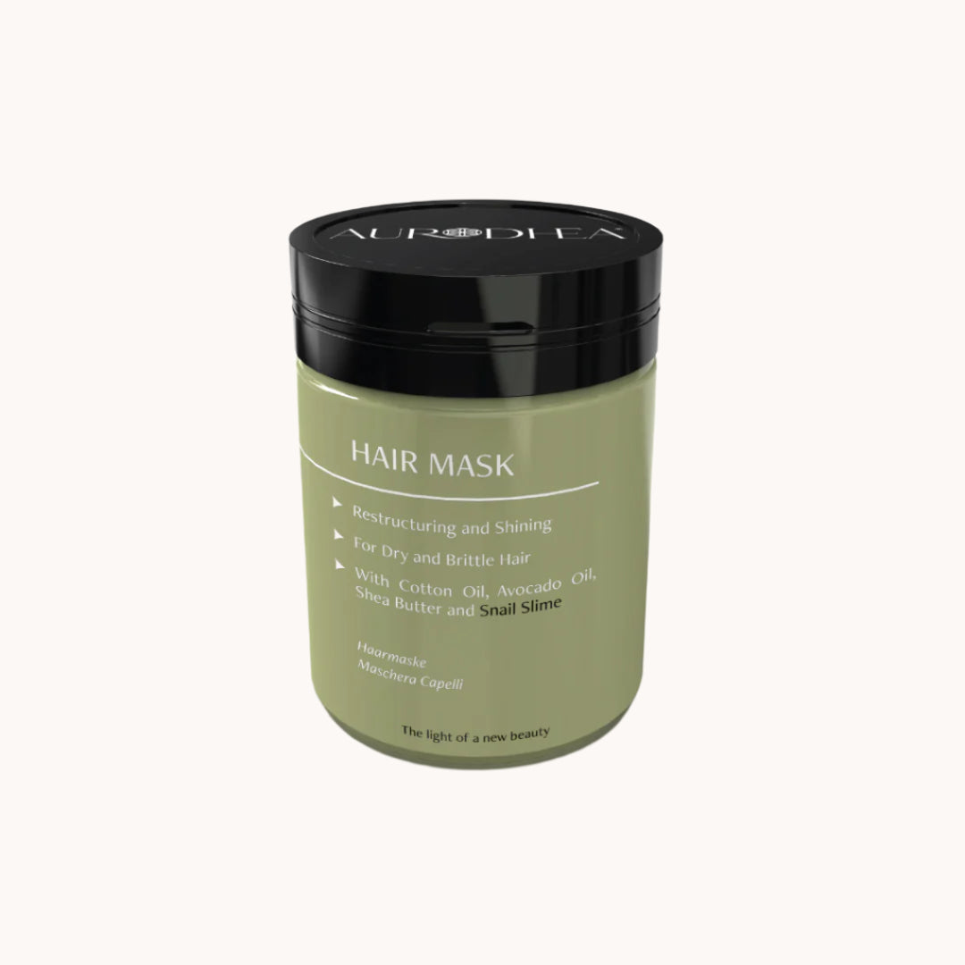 Aurodhea Haarmaske mit Schneckenschleim, Avocadoöl und Sheabutter zur intensiven Pflege von trockenem, sprödem Haar – regenerierend, schützend und entwirrend.
