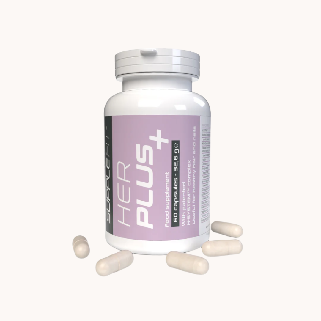 HER PLUS + Nahrungsergänzungstabletten mit Bambus-, Hirse- und Leinsamenextrakten sowie Biotin und Zink zur Unterstützung von Haar- und Nagelgesundheit